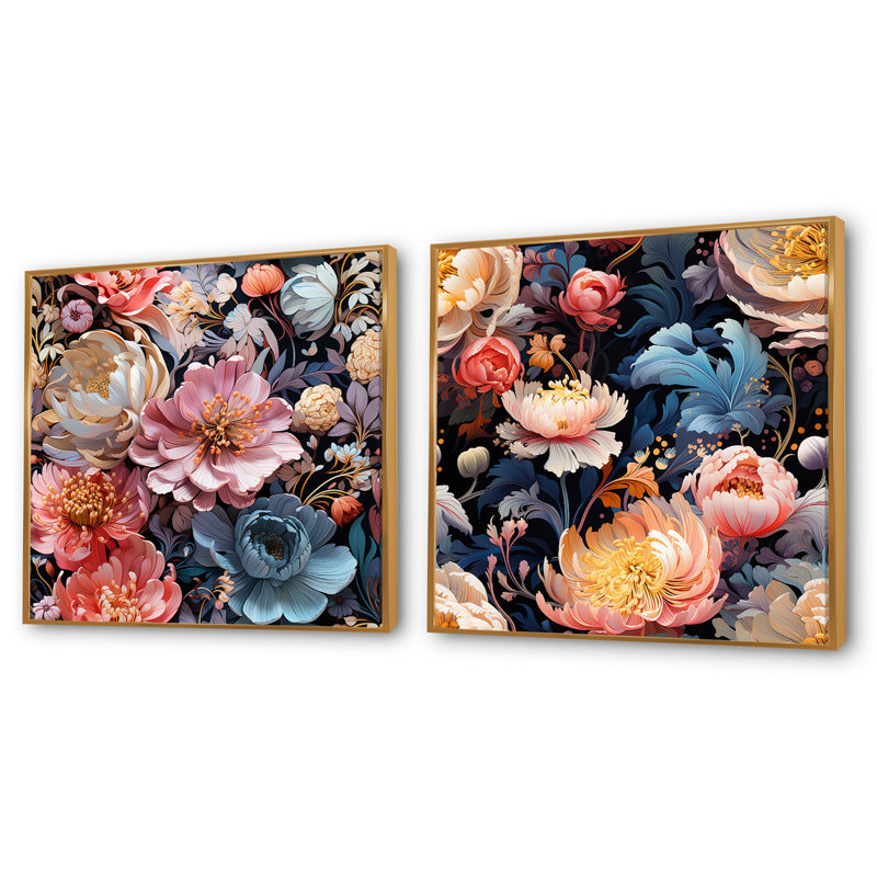 Livio - Ensemble de 2 collages carrés floraux, Cadre flottant doré, H 36 po x l 73 po