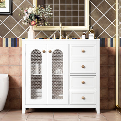 36.9 - Inch Bathroom Vanity With Easy Clean Ceramic Sink, Quiet Soft Close Mechanism, And Ample Storage Drawer Space Featuring A Solid Wood Base, Glass Doors, Closing System