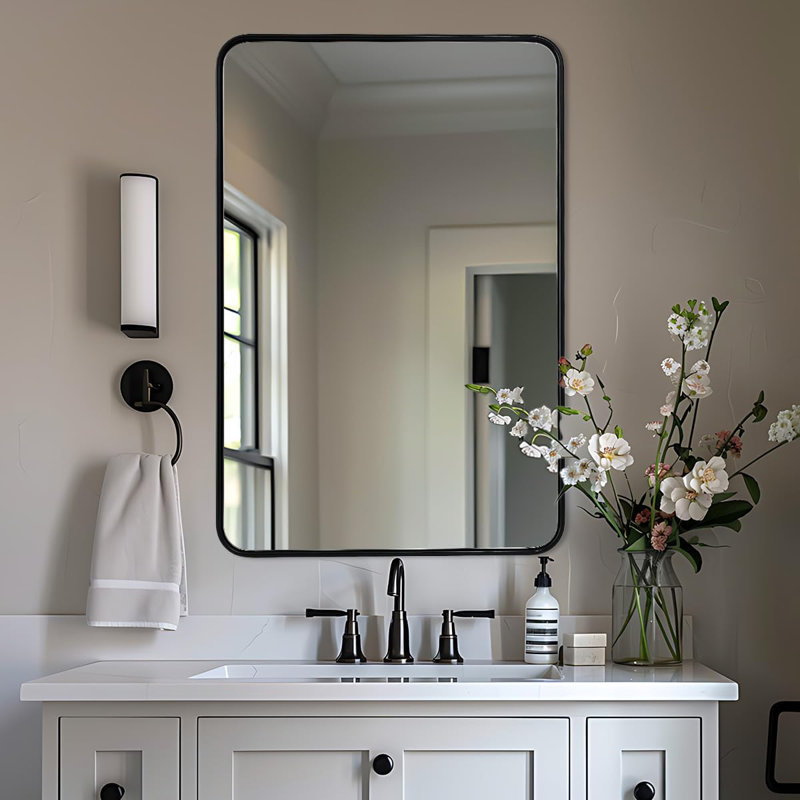 Modern Rounded Rectangular Bathroom Vanity Mirror | Stainless Steel U-Tube Frame, Matte Black, 36" x 24"