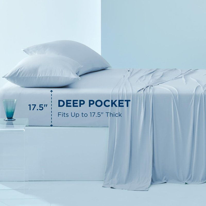 Bedsure Cooling Sheets with Deep Pocket Up to 17.5", Queen Sheet Set with 2 Pillowcases, Blue