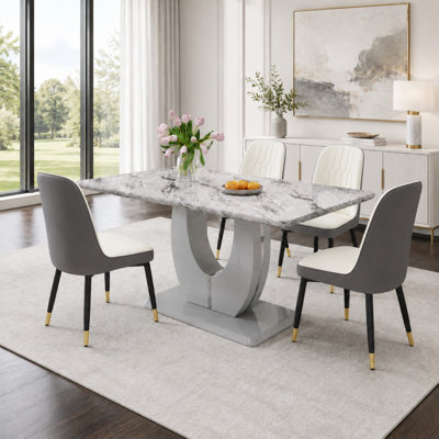 5-Piece Modern Rectangular 63" Faux Marble Dining Table Set with Upholstered Chairs