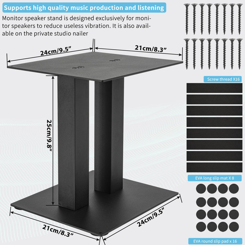 25cm Universal Fixed Height Speaker Stand 1 Pair, Desktop Metal Monitor Audio For Surround Sound & Book Shelf Speakers (Large)