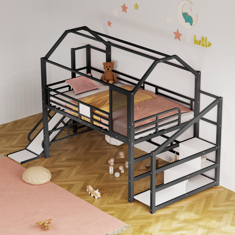 Lit mezzanine avec glissade et escalier House, lit en métal avec tablettes de rangement, conception silencieuse et garde-corps complets