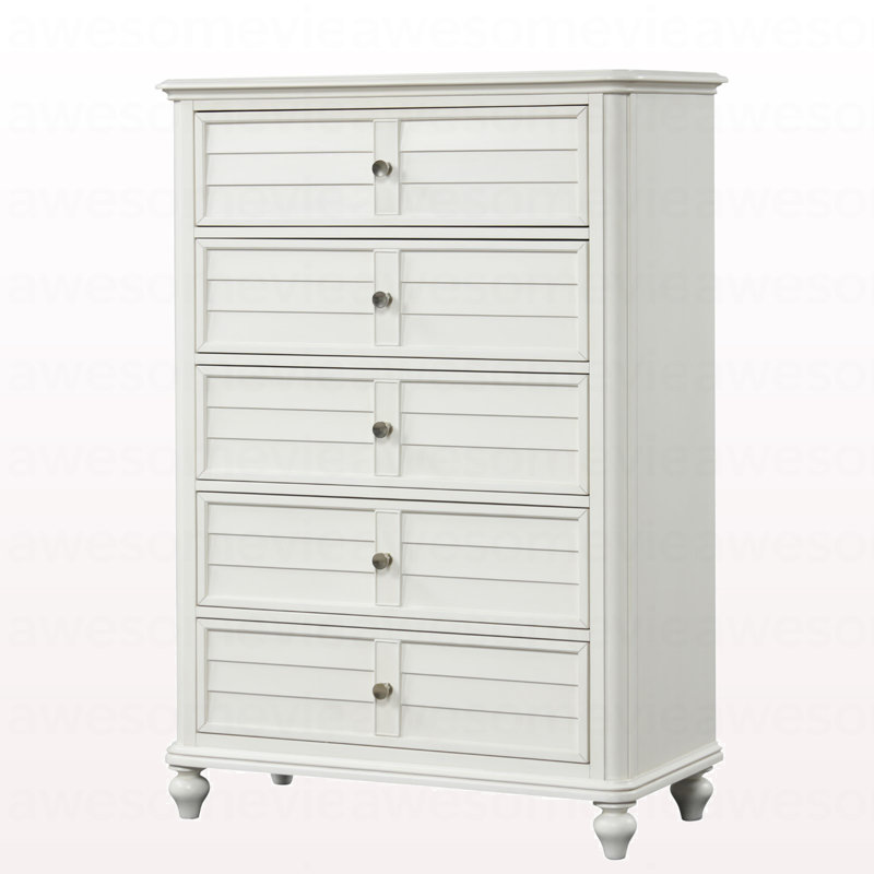 Commode de style transitionnel avec fini blanc antique et tiroirs à queue d'aronde avec glissières à roulement à billes et poignées rondes
