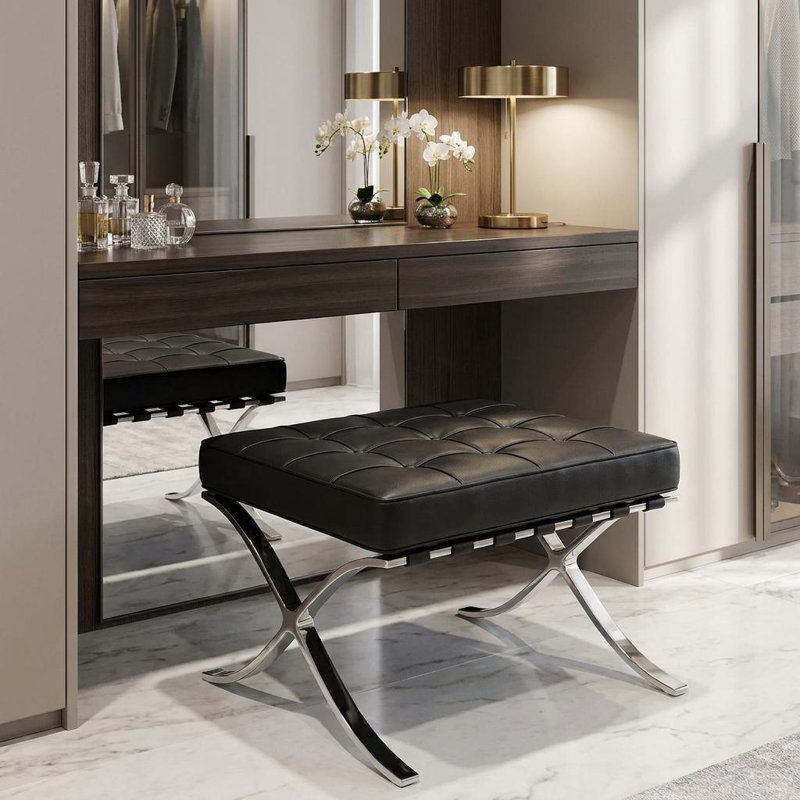 Chaise de coiffeuse 24 po en cuir capitonné noir et argent et acier inoxydable