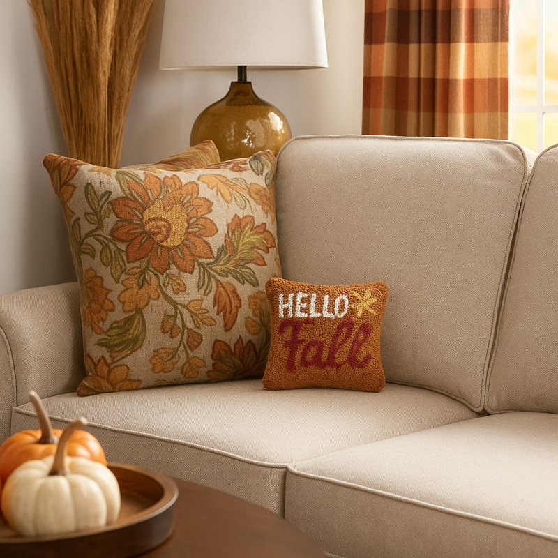  Hello Fall Hooked Throw Pillow