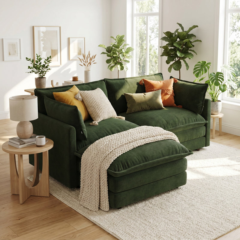 Canapé modulaire en L à 2 places avec repose-pieds, petit canapé en tissu de chenille avec 2 coussins d'accoudoirs et 2 coussins décoratifs, causeuse modulaire compacte pour appartements, assemblage facile