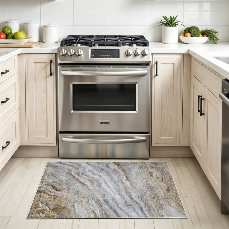 Magnifique tapis intérieur doré lavable à la machine, en marbre gris bouclé avec motif abstrait En Agate