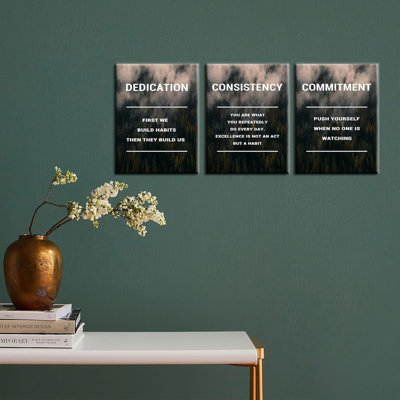Motivational Canvas Wall Art Office Decor Dedication Consistency Commitment Quotes 3 Pieces Inspirational Posters Print Artwork For Home Bedroom Bathroom Wall Picture Ready To Hang