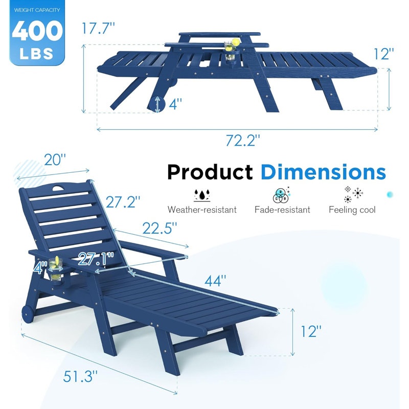 Chaise longue d'extérieur inclinable en PEHD , Marine