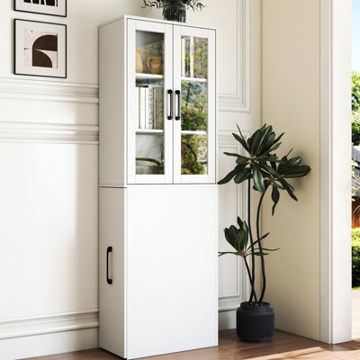 4 Tier Pull-Out Shelf 2 Glass Doors 72.27" H Modern Wooden Display Cabinet For Kitchen Dining And Salon Organization Multi-Functional Storage Office Areas