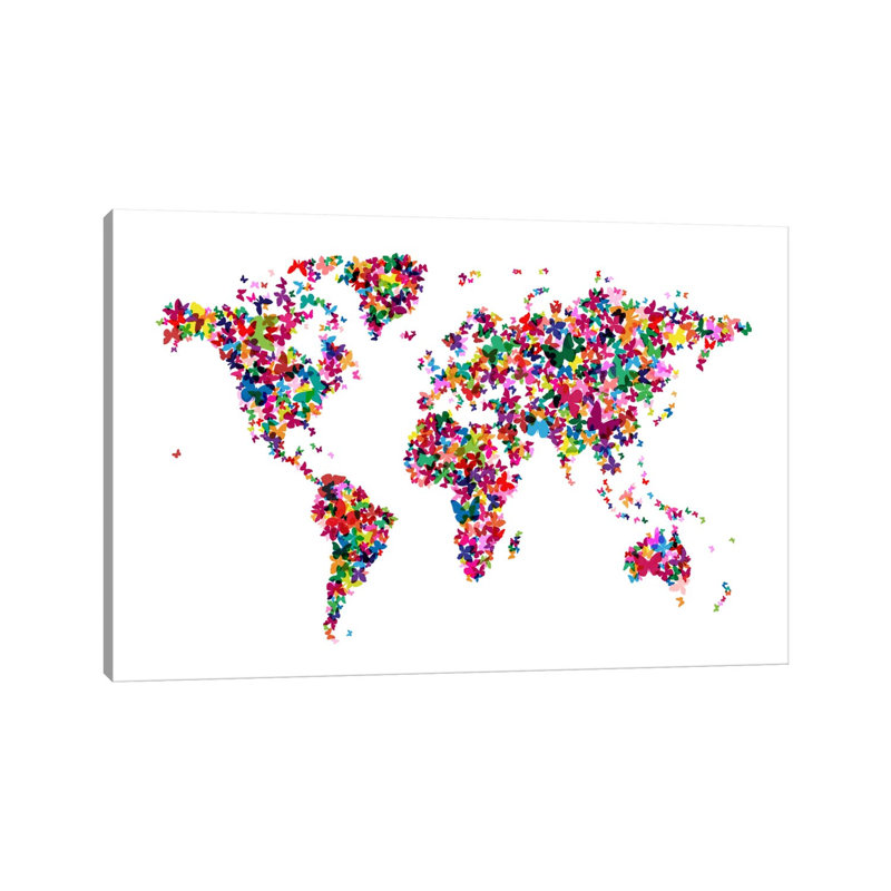 Butterflies World Map by Michael Tompsett - 1 Piece Wrapped Canvas Painting, 101.6 cm H x 66.04 cm W x 1.91 cm D
