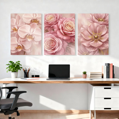 Pink Orchid And Rose Floral Canvas Wrapped Wall Art Oil Painting Print Set Of 3 For Living Room Bedroom Decor