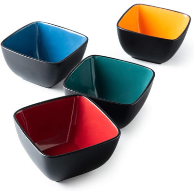32 oz square grain soup bowl, 4-piece kitchen stone bowl set, large bowl for grain, soup, salad, meals, microwave and dishwasher safety - with rich interior colors