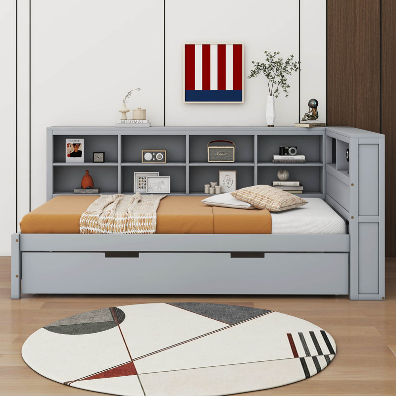 Daybed With Trundle, Shelf And USB Charging Ports, Twin, Gray