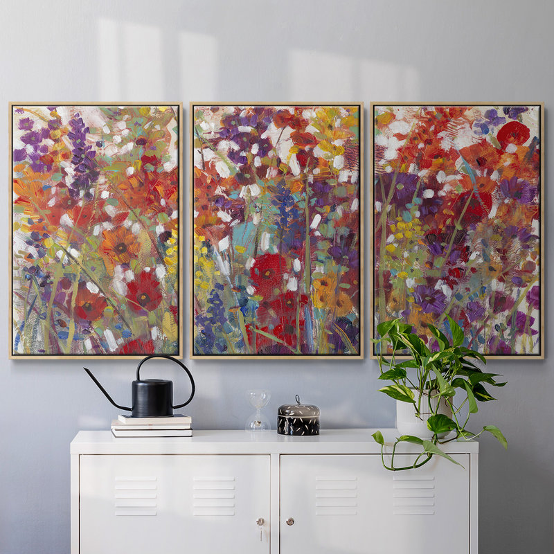 Variété de fleurs II, reproduction sur toile 3 pièces, H 36 po x l 75 po, Encadré naturel