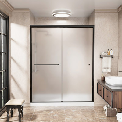 56" to 60" W x 72" H Semi-Frameless Double Sliding Shower Door, Adjustable Width Bypass Bath Enclosure with 1/4" Frosted Tempered Glass, Matte Black