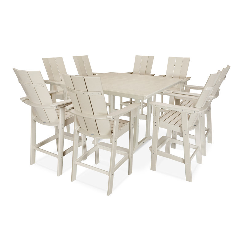 POLYWOOD Modern Curveback Adirondack 9-Piece Farmhouse Trestle Bar Set, White