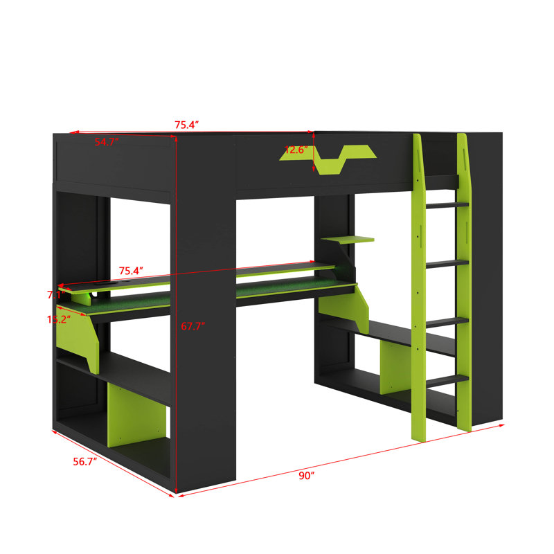 Lit mezzanine en bois avec prise de courant et ports USB / Type-C, gestion des câbles intégrée et lumière RVB, Vert