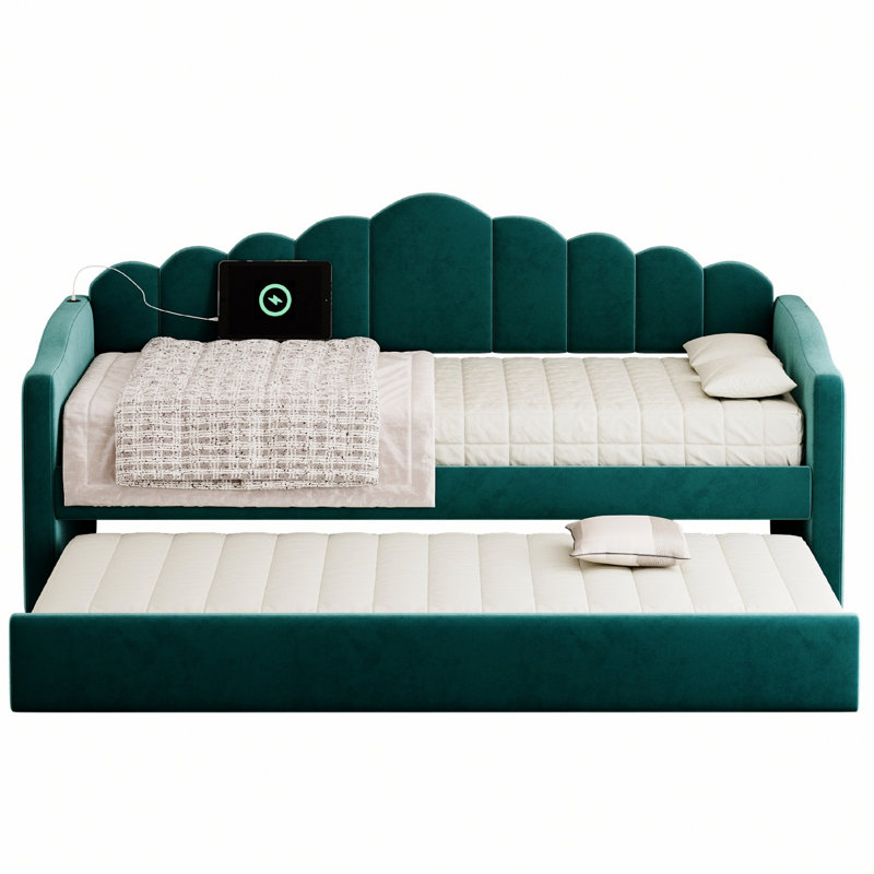 Upholstered Daybed With Trundle And USB Charging Ports, Green