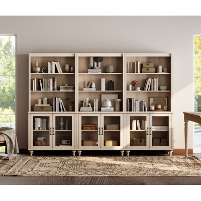 Scarlett Bookcase With Doors Set Of 3, 5 Tier Bookshelf, Tall Book Case Shelf With Glass Storage Cabinets, Large Wood Bookcases Farmhouse Bookshelves by Charlton Home