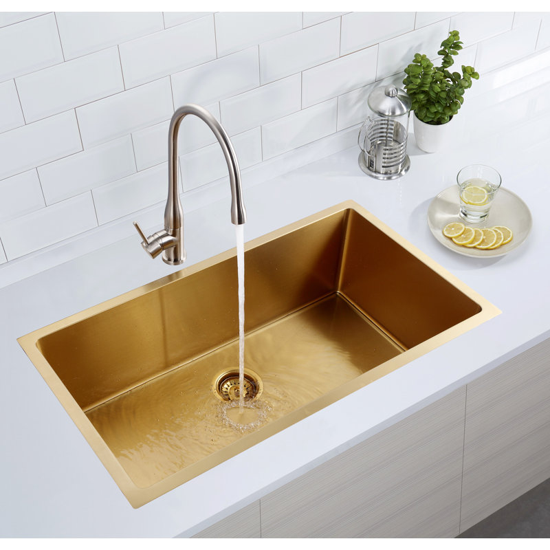 32'' L Undermount Kitchen Sink Drop In Black Single Bowl Deep Stainless Steel Sink with Grid, Gold