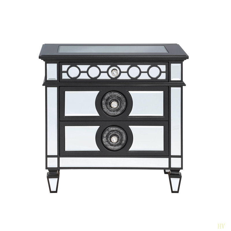 Chambre de luxe Glam et table de chevet avec miroir et 2 tiroirs, Argent noir