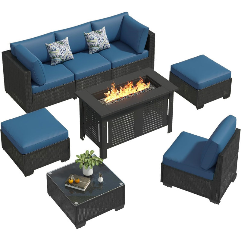 Wicker 6 - Person Garden Lounge Set with Cushions, Dark Blue