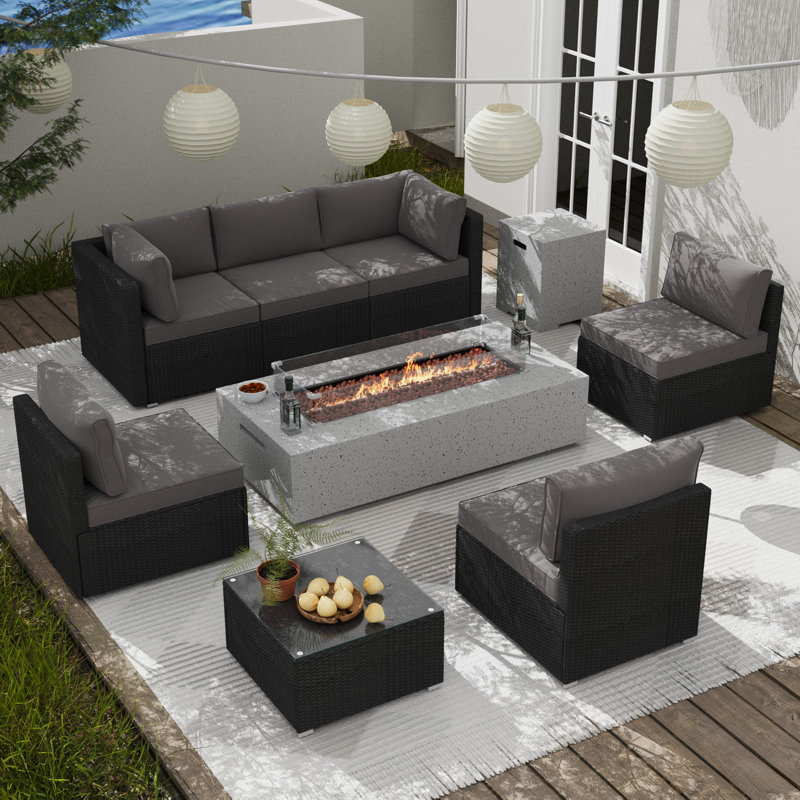 6 - Person Outdoor Seating Group with Cushions and Fire Pit Table, Dark Gray/Black