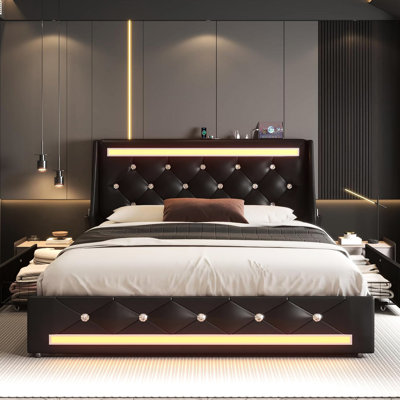Structure de lit pour grand lit avec tête de lit tapissier, 2 grands tiroirs de rangement, éclairage à DEL intelligent, système de charge 4 en 1, structure de support en métal à oreilles de 12 po, conduit à losanges, construit