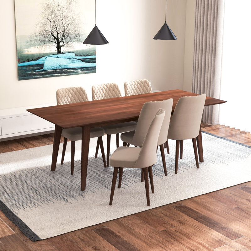 Ava 7-Piece Mid-Century Rectangular Dining Set W/ 6 Velvet Dining Chairs, Beige