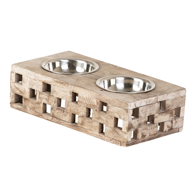 Small Natural Reclaimed Wood Elevated Pet Feeder with Stainless Steel Bowls