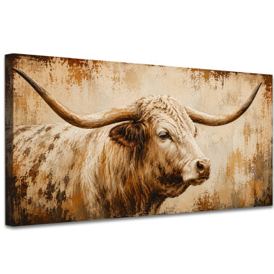 Art mural très grand longhorn, toile de vache des Highlands rustique, reproduction de bison brun rétro, peinture de taureau Western Farmhouse, œuvre d'art industrielle pour le salon, bureau de chambre à coucher, 12 x 24