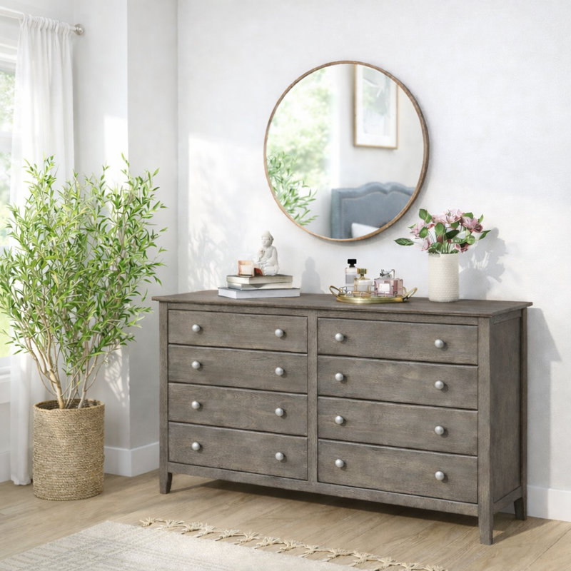Commode double en bois massif à 8 tiroirs 59,5 po Fitz, Gris