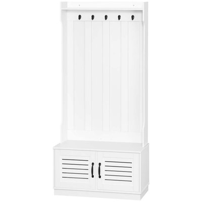 Modern Hall Tree, Entryway Coat Rack with Shoe Bench, 5 Hooks, Storage Shelf and Slatted Door Cabinet for Hallway, White