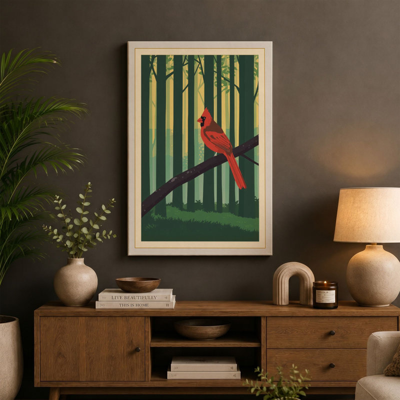 Cardinal in the Forest Scandinavian - Wrapped Canvas, 18x12 - 45.7 x 30.5 cm, White Border