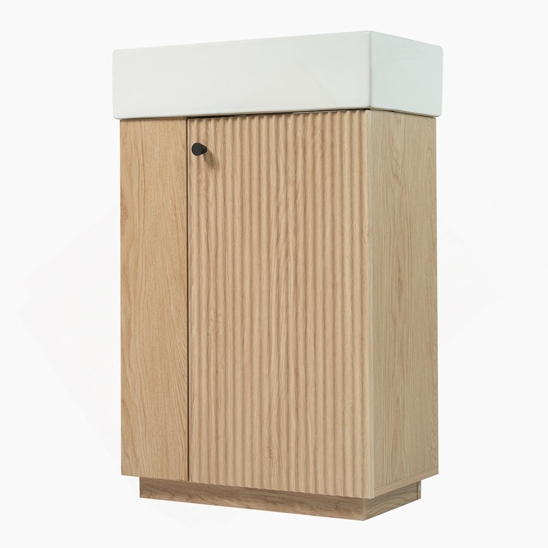 Meuble-lavabo de 21,6 po avec lavabo en céramique, armoire moderne autoportante à grain droit avec rangement ouvert et fermé pour les petites salles de bain