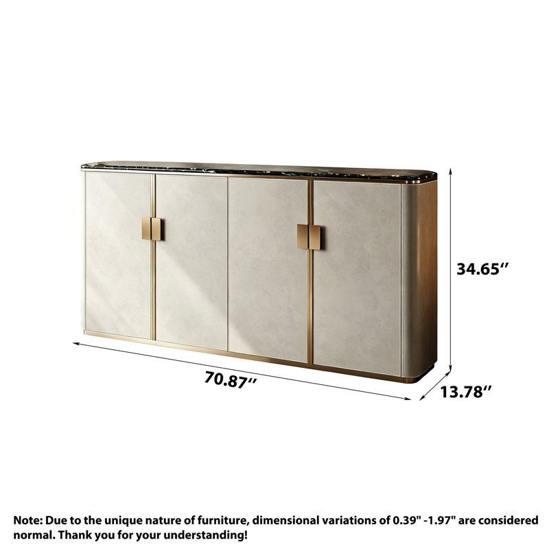 Armoire à chaussures Milk-Coffee moderne avec plateau en marbre et placage de cuir, H 34,65 po x l 70,87 po x P 13,78 po