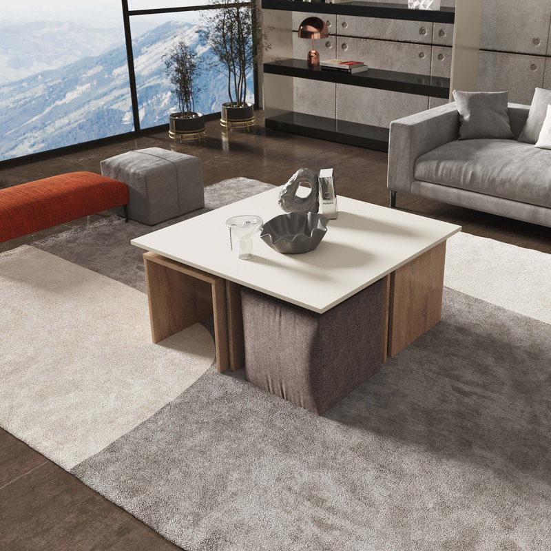 Ilchester Mid-Century Modern Nested Coffee Table & Ottoman Set, Cream Top/Brown Base