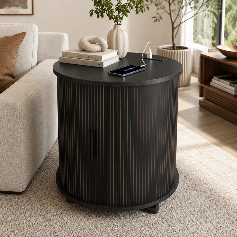 Table d'appoint cylindrique scandinave à 2 niveaux avec rangement pour chambre à coucher et bureau, Black