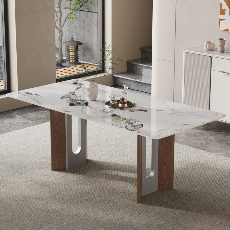 63" Modern Glossy Dining Table, Faux Marble Sintered Stone Double-Layer Top with Stainless Steel Base, Seats 4-6