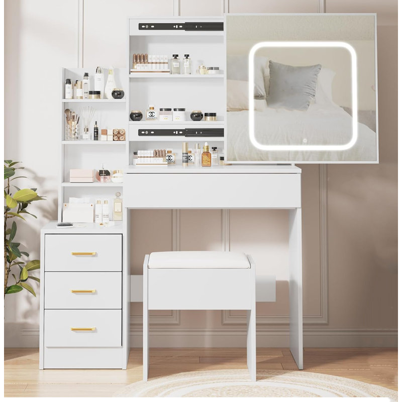 Vanity Desk,makeup Vanity Desk With Sliding Lighted Mirror, Charging Station, White