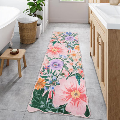 Washable Area Rug for Living Room Floral Rugs for Bedroom Non-Slip Soft Scalloped Floor Carpet