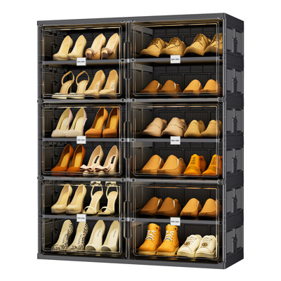  6-Tier Double Column Foldable Shoe Storage Cabinet With Magnetic Doors In Black