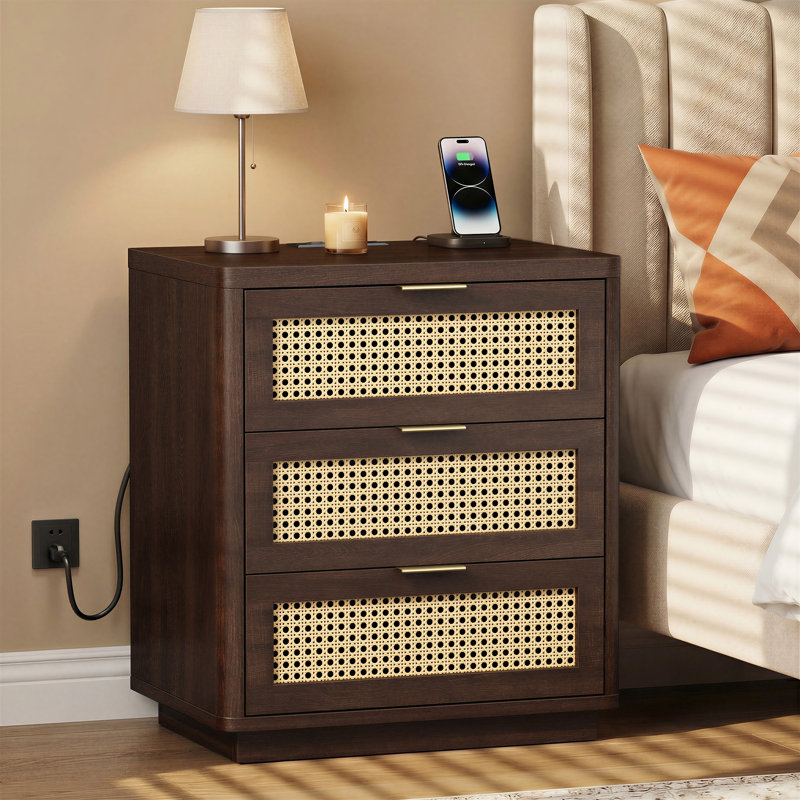 22.83'' W Nightstand With 3 Drawers And Charging Station ( Set Of 2 ), Brown