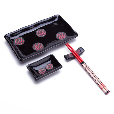 4 Pcs Japanese Sushi Plate Dinnerware Set With Chinese Double Happiness Design - Black