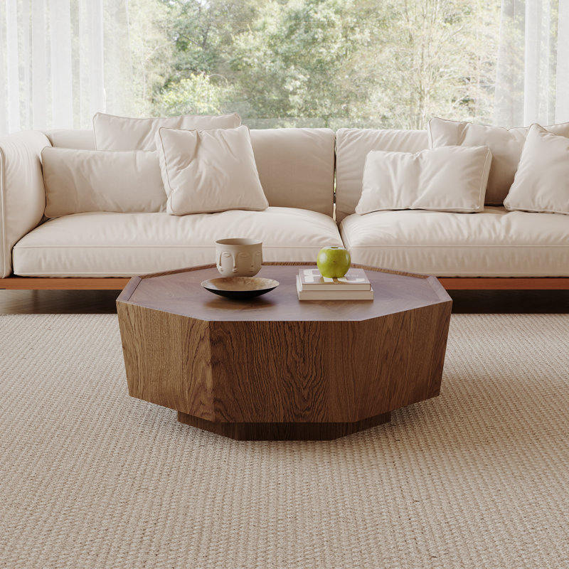 Hexagonal Wood Veneer Coffee Table With Double Drawers – Rotating Storage Table