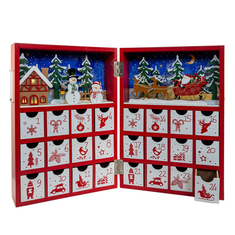 13-inch Red and White Wooden Christmas Countdown Calendar with LED Lights