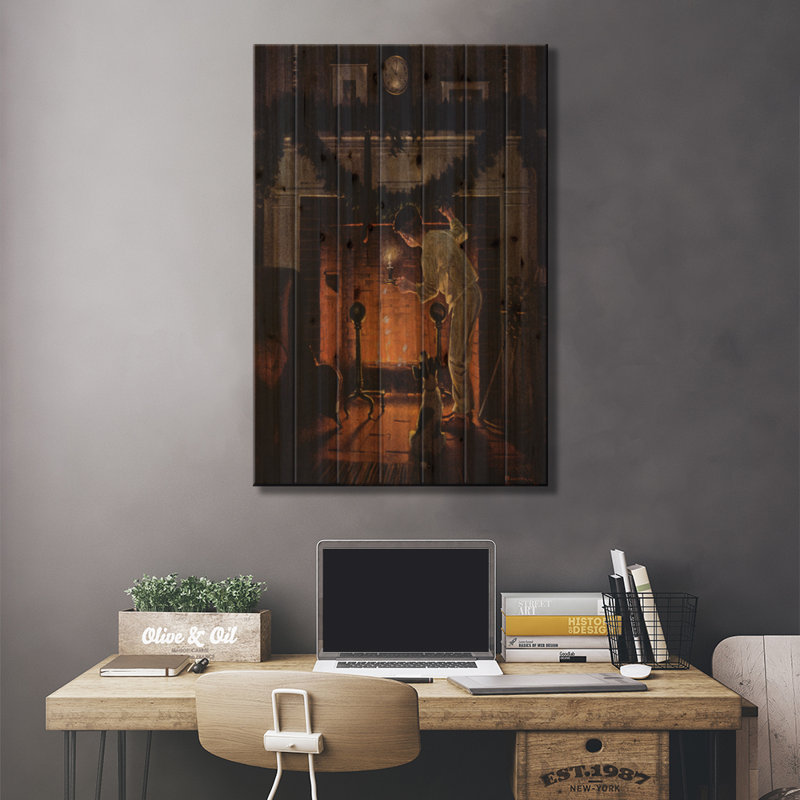 Est-ce qu'il vient? «On Wood» par Norman Rockwell, reproduction, H 26 po x l 18 po x P 1,5 po