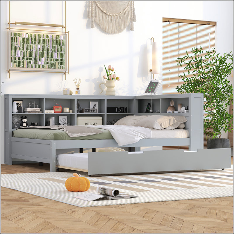 Lit de jour double en bois avec lit gigogne simple, tablette de rangement et chargement USB, parfait pour les espaces de vie modernes et fonctionnels